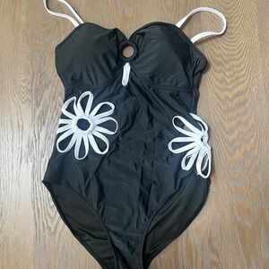 Black One Piece Swimsuit White Floral Side Cutout Size M